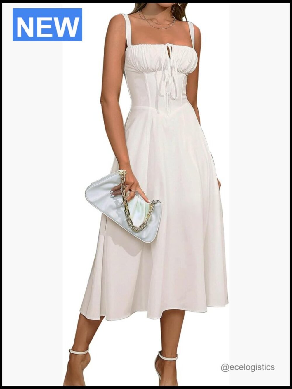 Women Summer Corset Midi Dress Flowy Slit Lace Up A Line Milkmaid Sundress